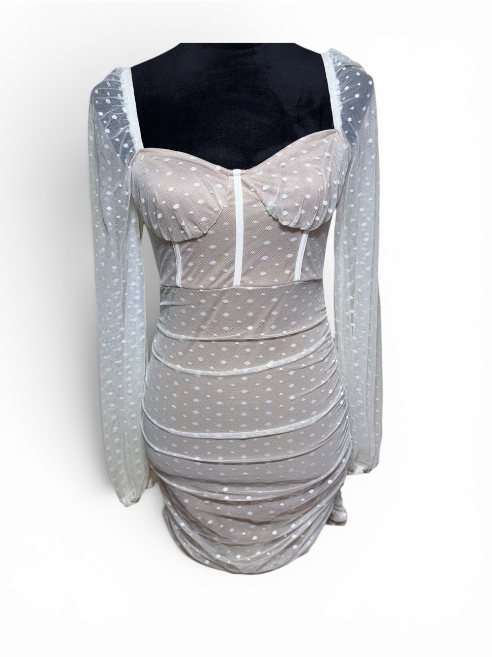 SHEIN White Polka Dot Mesh Long Sleeve Sweetheart Dress